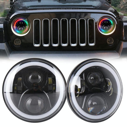2 Pcs 7 Inch Dc12V 6000K - 6500K 50W Car Led Headlight Cree Lamp Beads For Jeep Wrangler / Harley Support App + Bluetooth Control Black